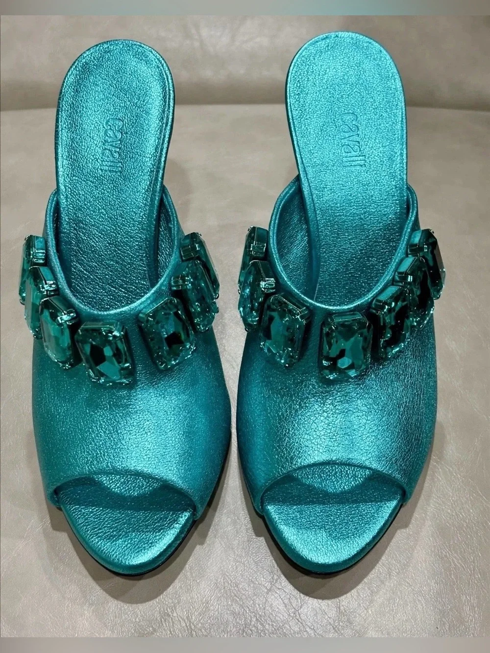 Roberto Cavalli  Turquoise Crystal Heels  EUR size 36.5.   US 6. Comes With COA.